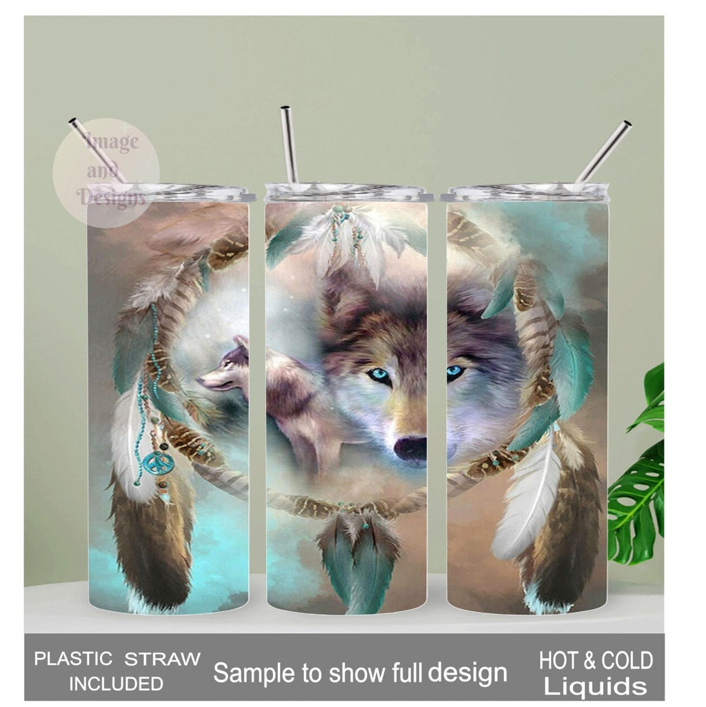 Wolf Dreamcatcher Tumbler 20oz With Reusable Straw Can Be Personalized