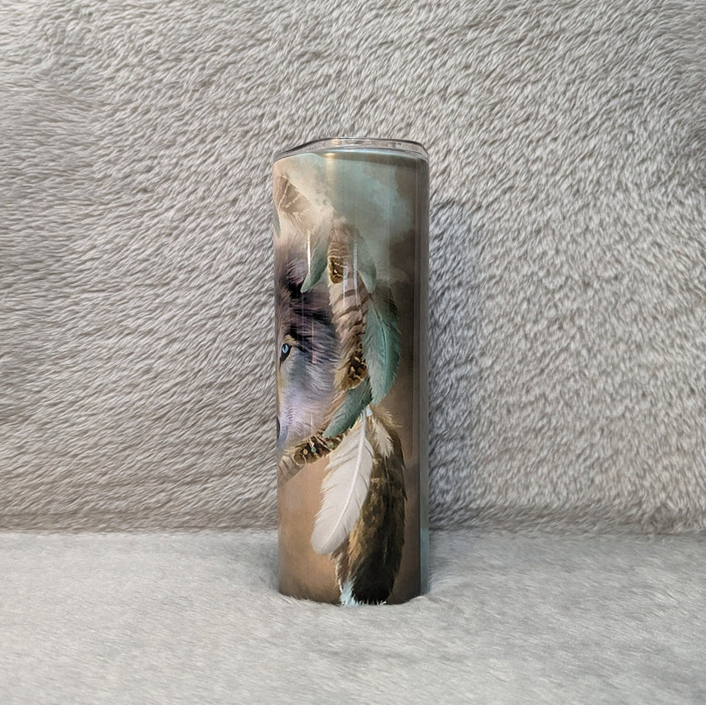Wolf Dreamcatcher Tumbler 20oz With Reusable Straw Can Be Personalized