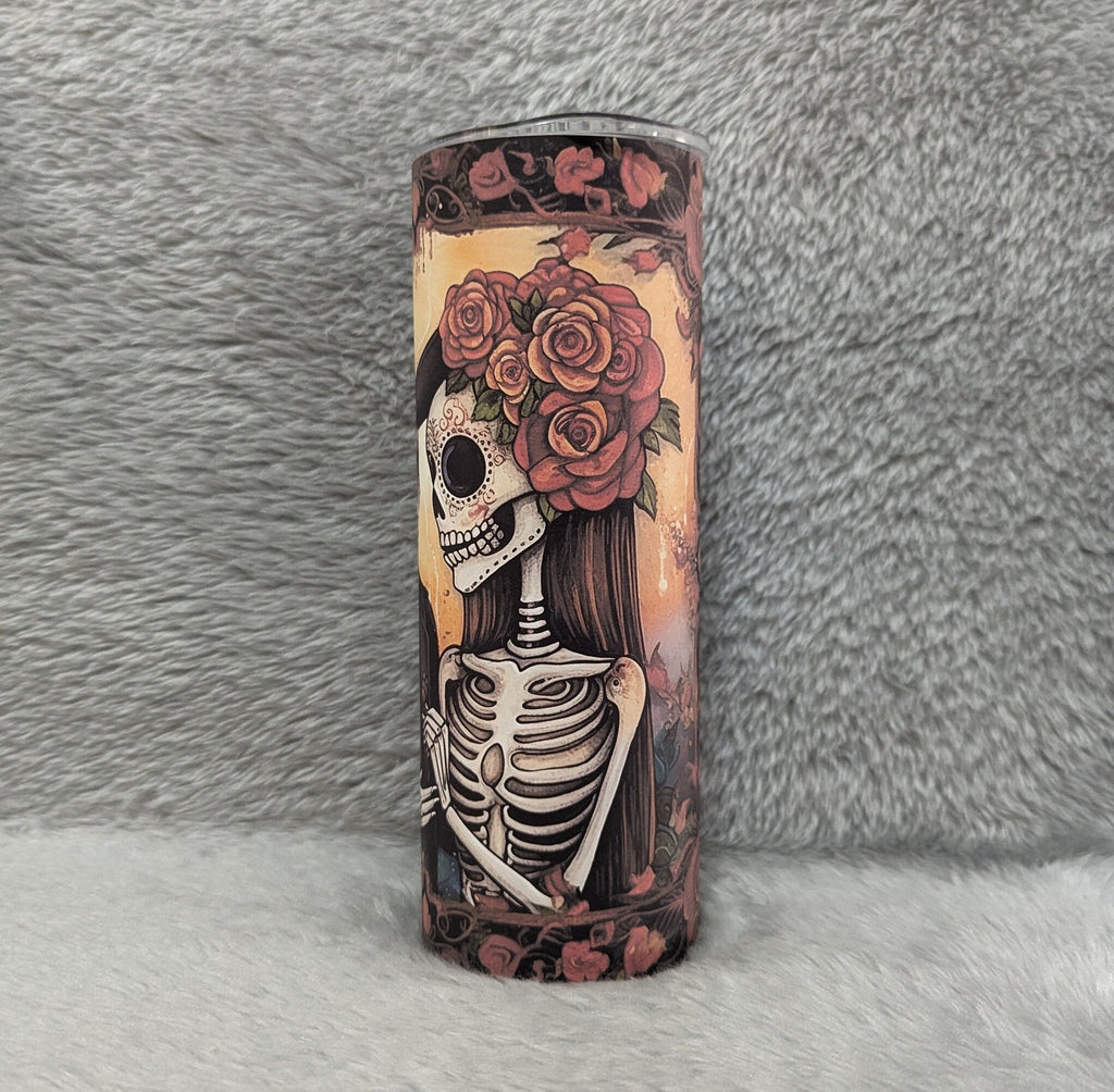 Skeleton Tumbler Featuring a Romantic Skeleton Couple and Flowers 20oz With Reusable Straw, Can Be Personalized