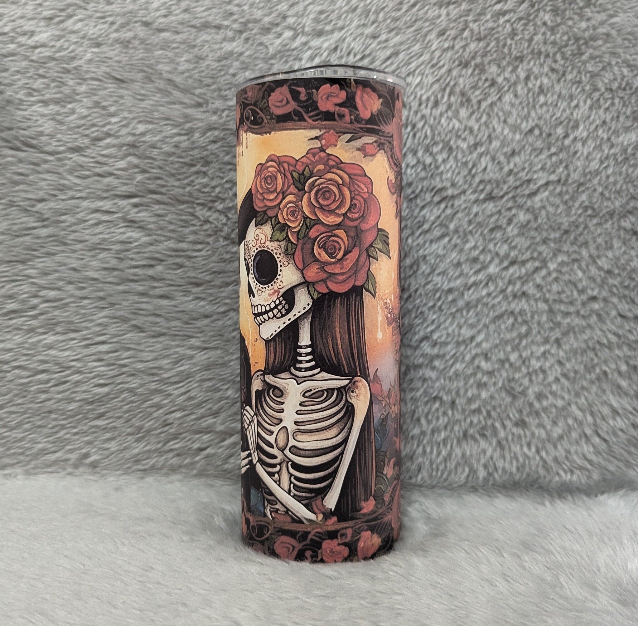 Skeleton Tumbler Featuring a Romantic Skeleton Couple and Flowers 20oz With Reusable Straw, Can Be Personalized
