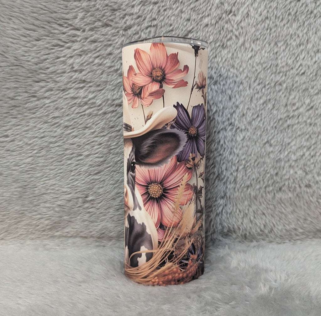 Cow Tumbler with A Cute Cow Wearing A Hat 20oz With Reusable Straw, Can Be Personalized
