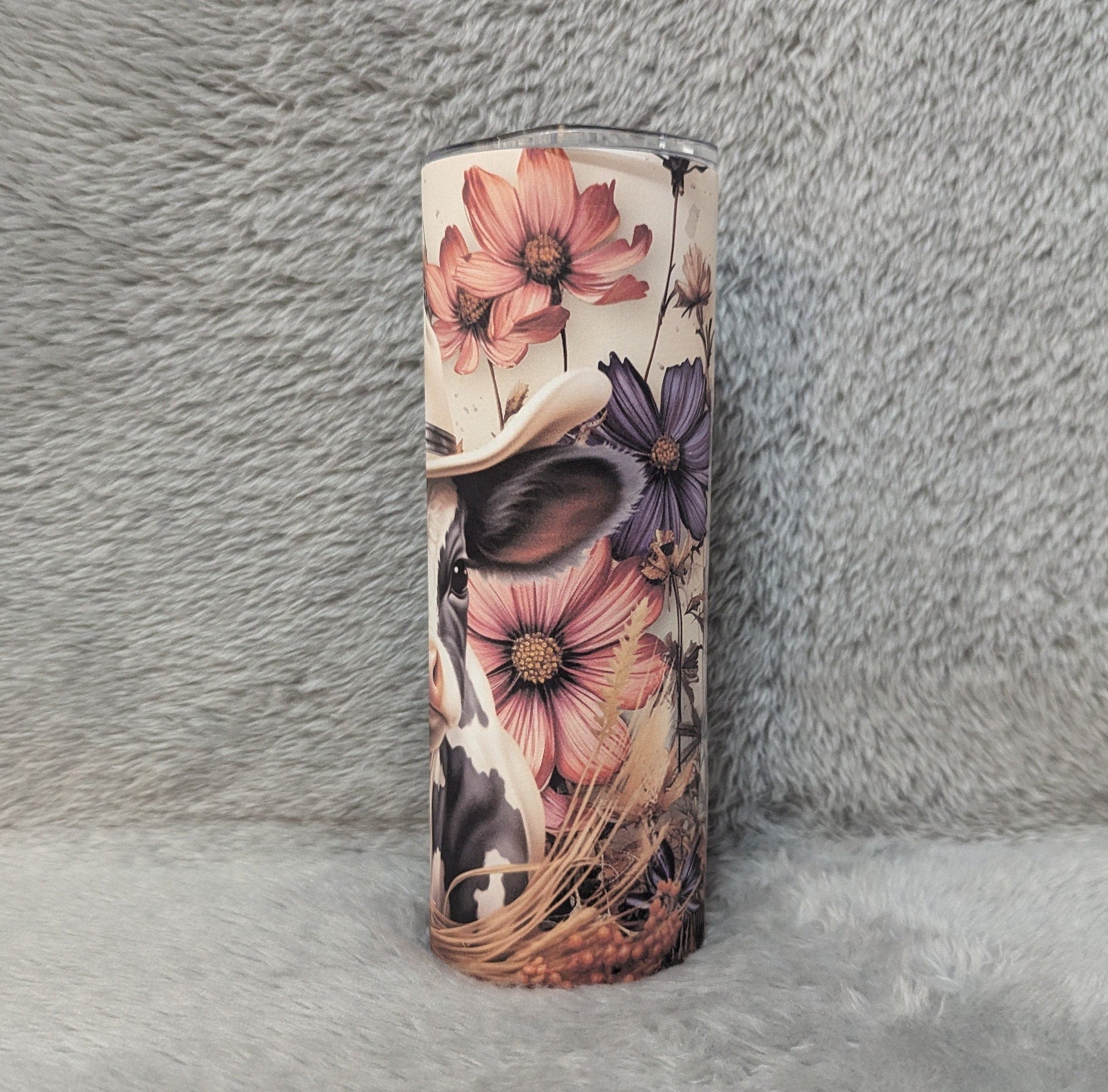 Cow Tumbler with A Cute Cow Wearing A Hat 20oz With Reusable Straw, Can Be Personalized