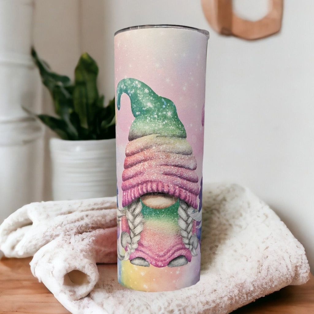 Pretty Rainbow Gnome Tumbler 20oz With Reusable Straw, Can Be Personalized