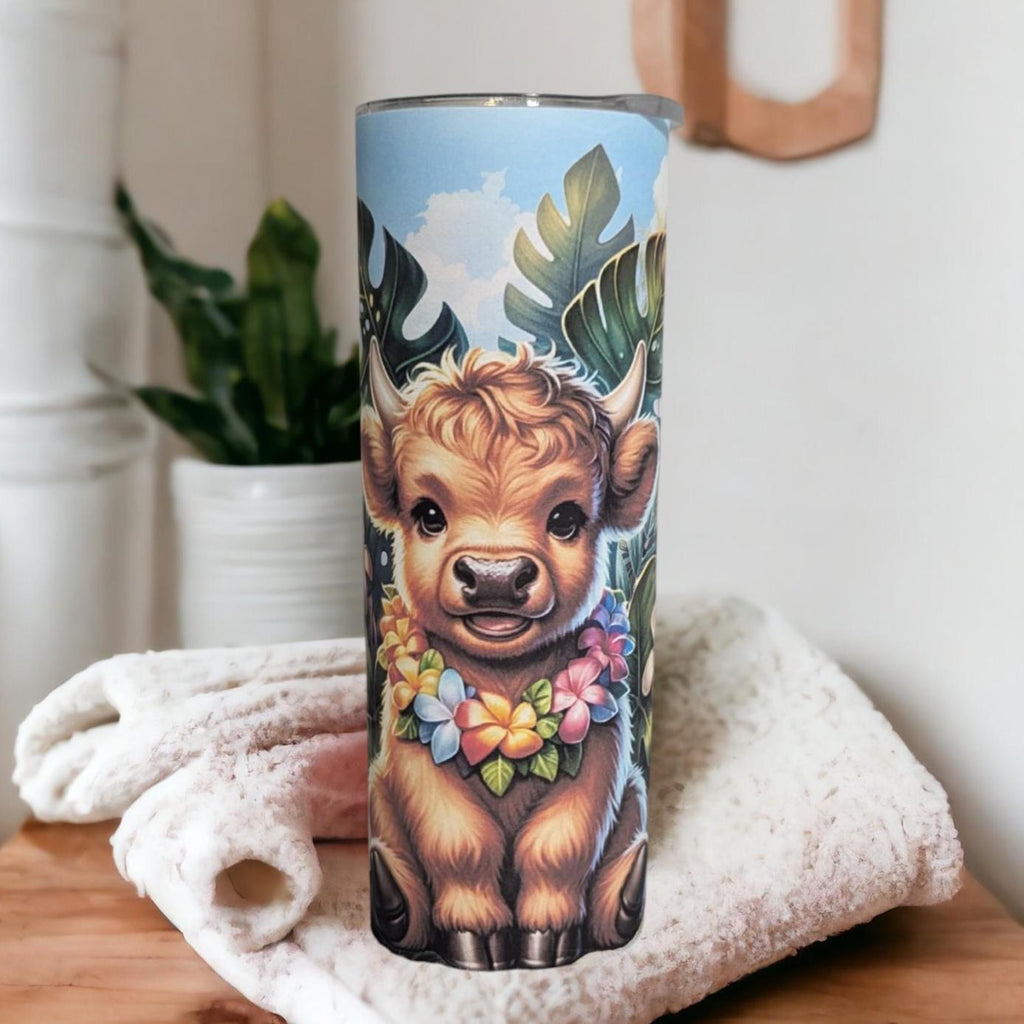 Tropical Highland Cow Tumbler 20oz With Reusable Straw, Can Be Personalized