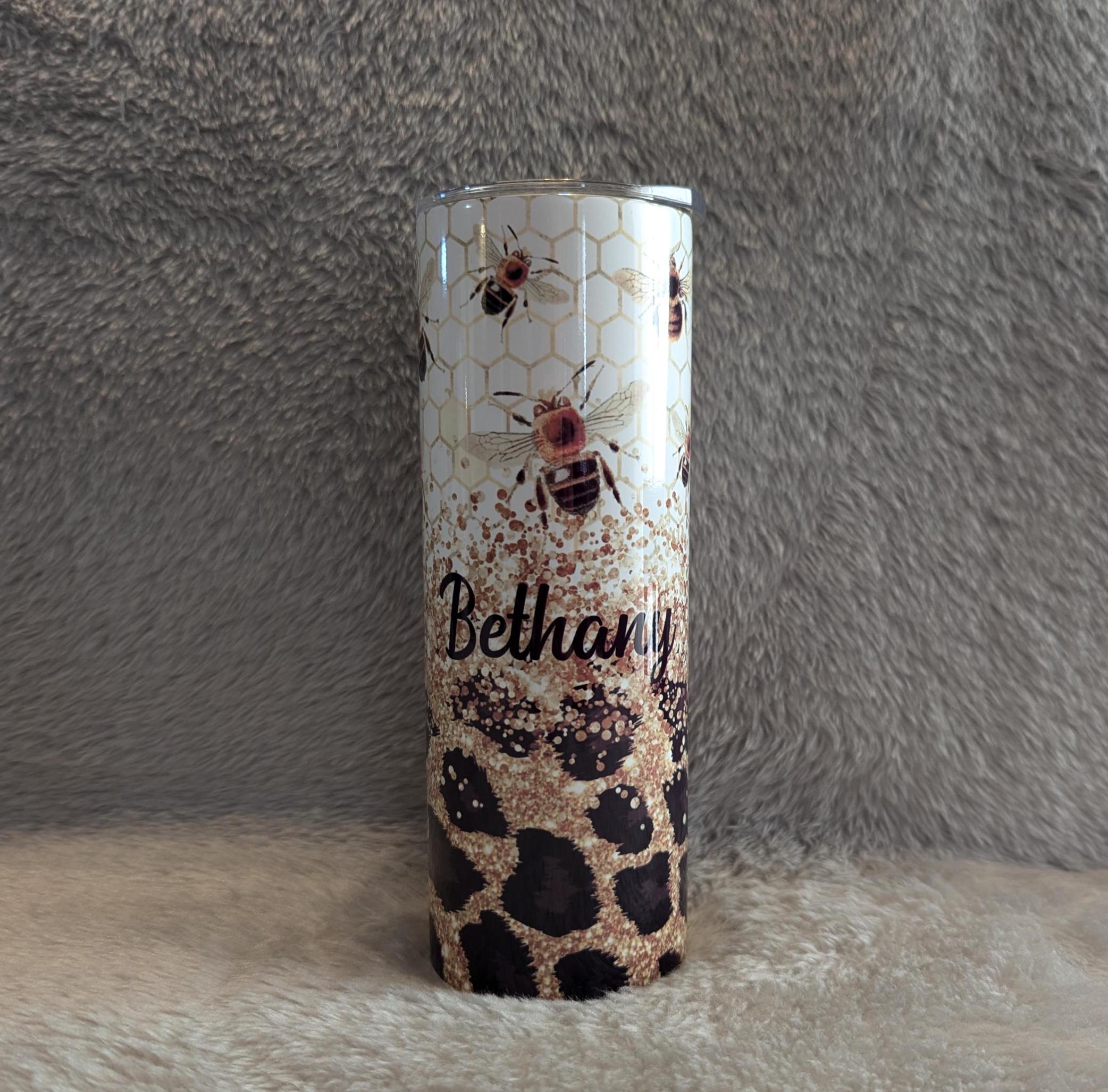 Bee Tumbler With A Glitter and Leopard Print Design 20oz Tumber With Reusable Straw, Can Be Personalized