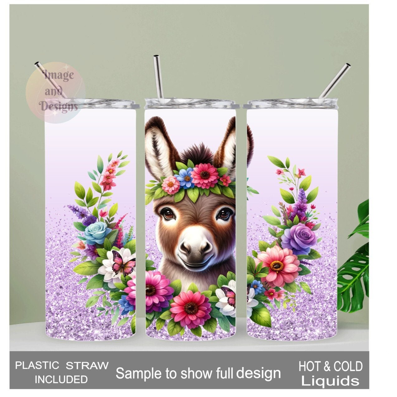 Donkey Tumbler with Flowers and A Glitter Design 20oz Tumber With Reusable Straw, Can Be Personalized