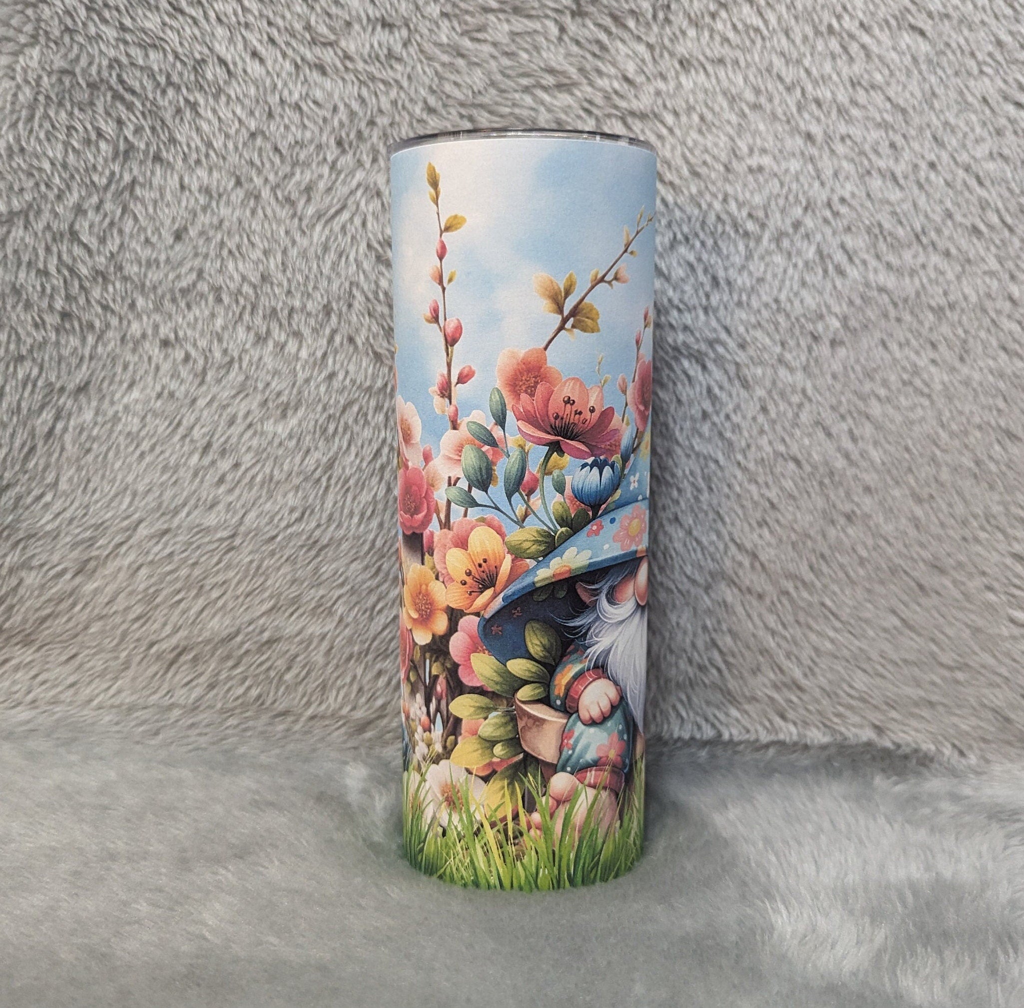 Gnome Tumbler With Pretty Flowers 20oz With Reusable Straw, Can Be Personalized