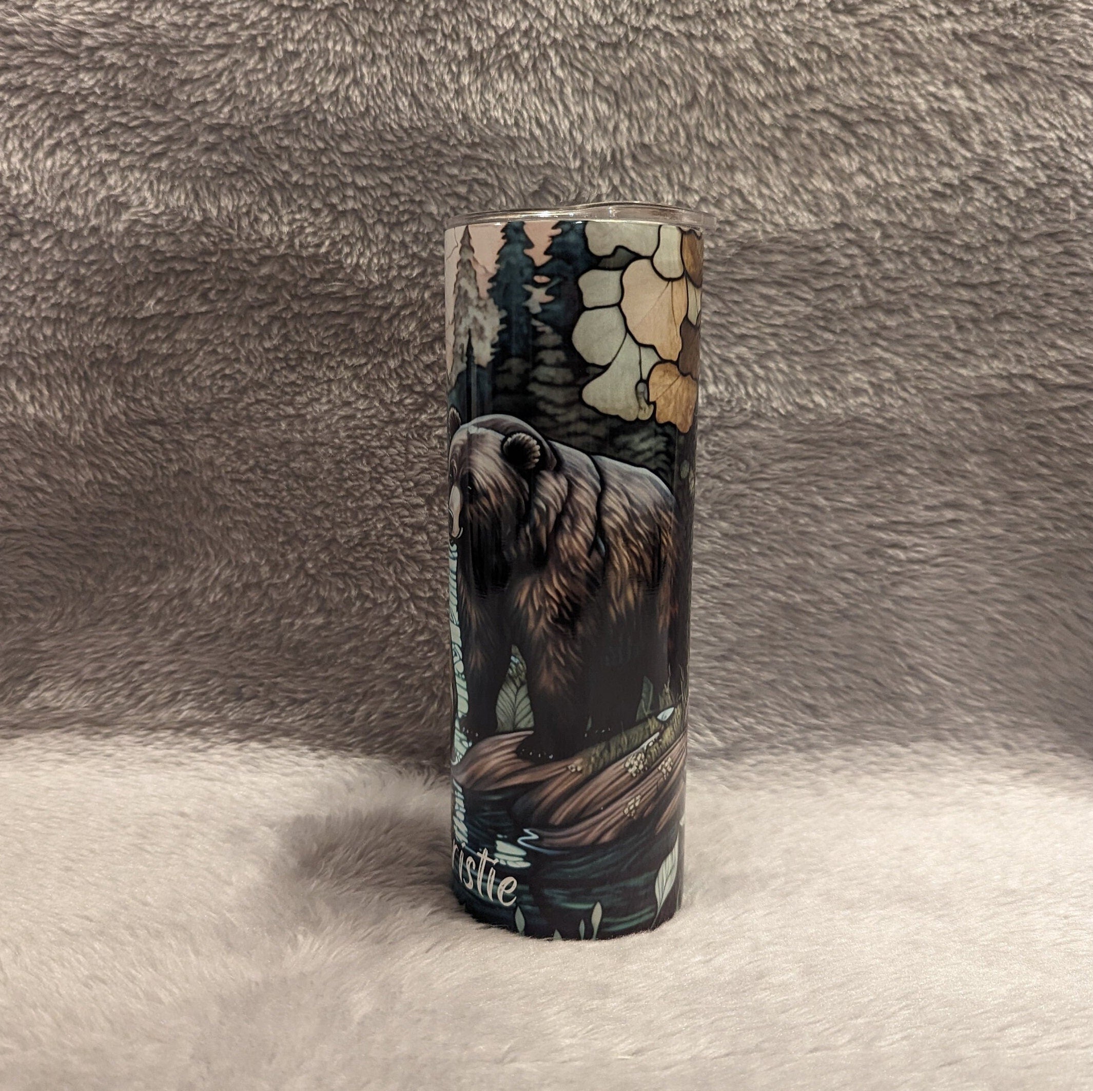 Bear Tumbler With A Stained Glass Design 20oz With Reusable Straw, Can Be Personalized