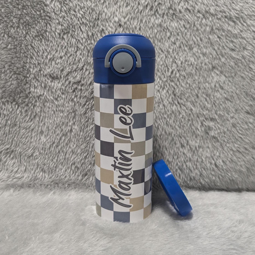 Kids Checkered Water Bottle 12oz With Reusable Straw Can Be Personalized