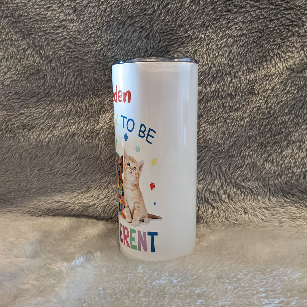 Kids Kitten Autism Tumbler, It's Okay To Be Different 15oz With Reusable Straw, Can Be Personalized