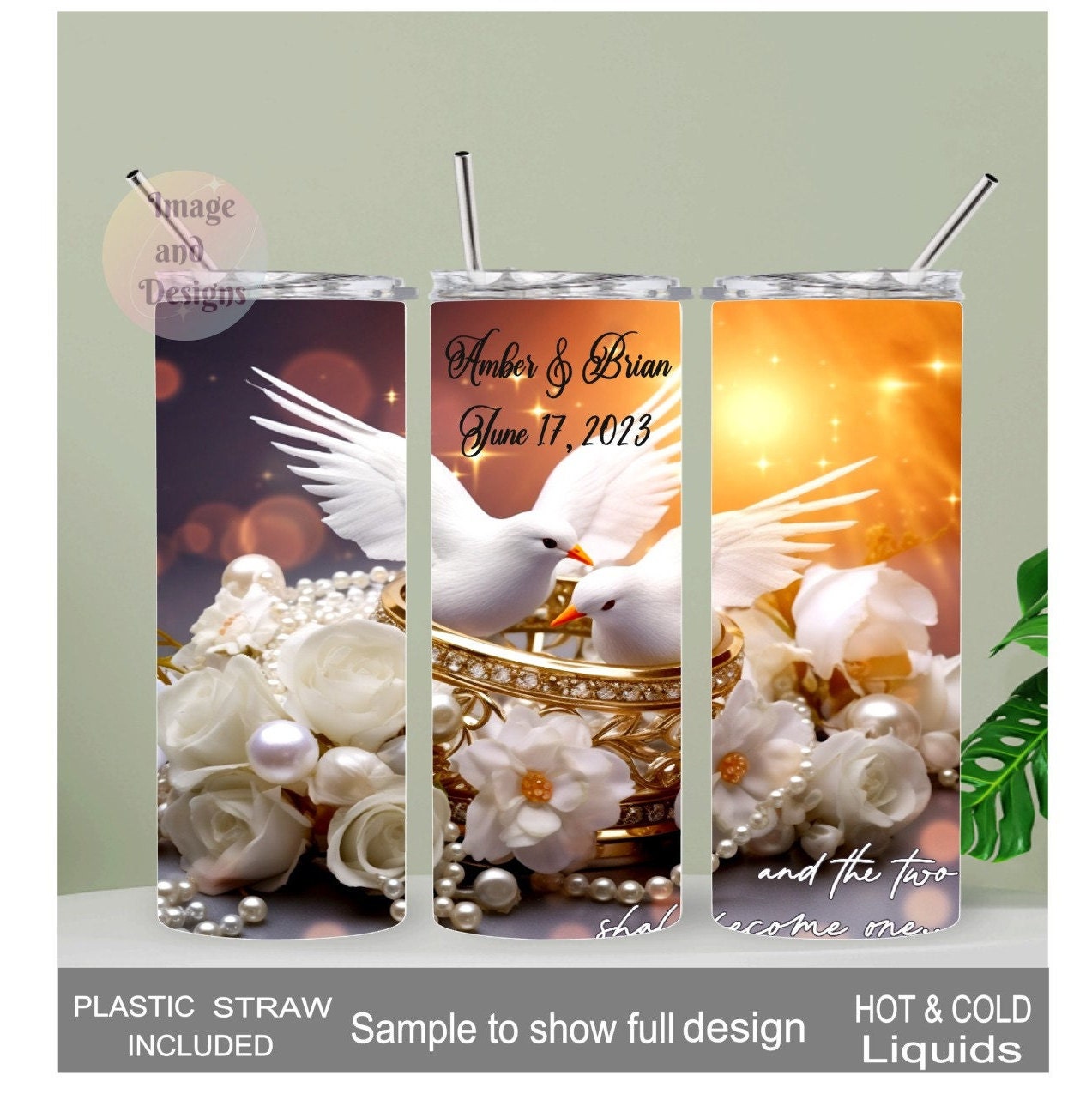 White Doves Wedding Tumbler 20oz With Reusable Straw, Can Be Personalized