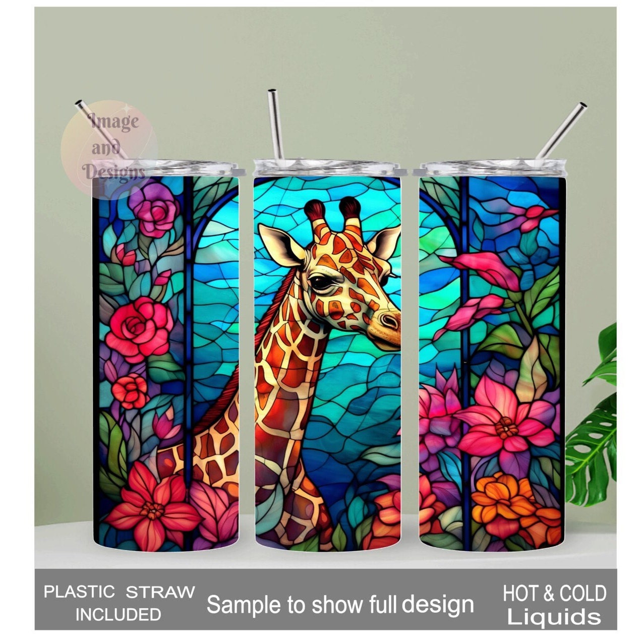 Giraffe Tumbler with A Stained Glass Design 20oz With Reusable Straw, Can Be Personalized