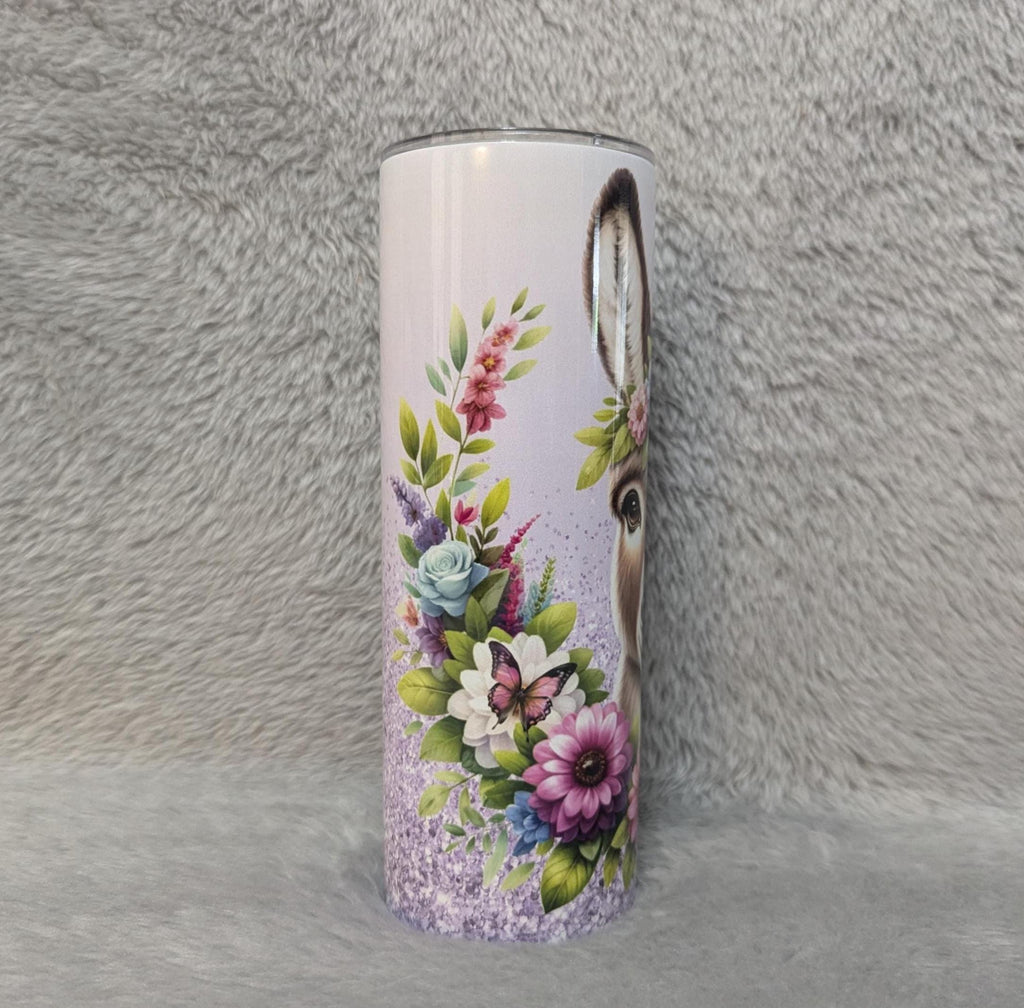 Donkey Tumbler with Flowers and A Glitter Design 20oz Tumber With Reusable Straw, Can Be Personalized