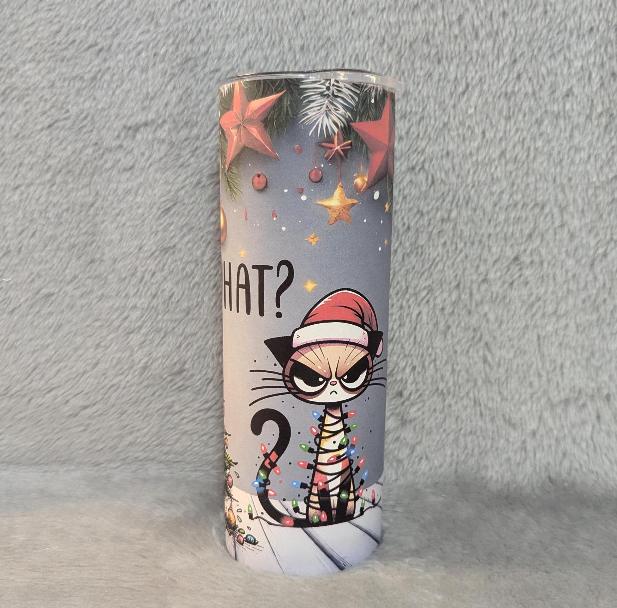 Funny Christmas Cat Tumbler 20oz With Reusable Straw, Can Be Personalized