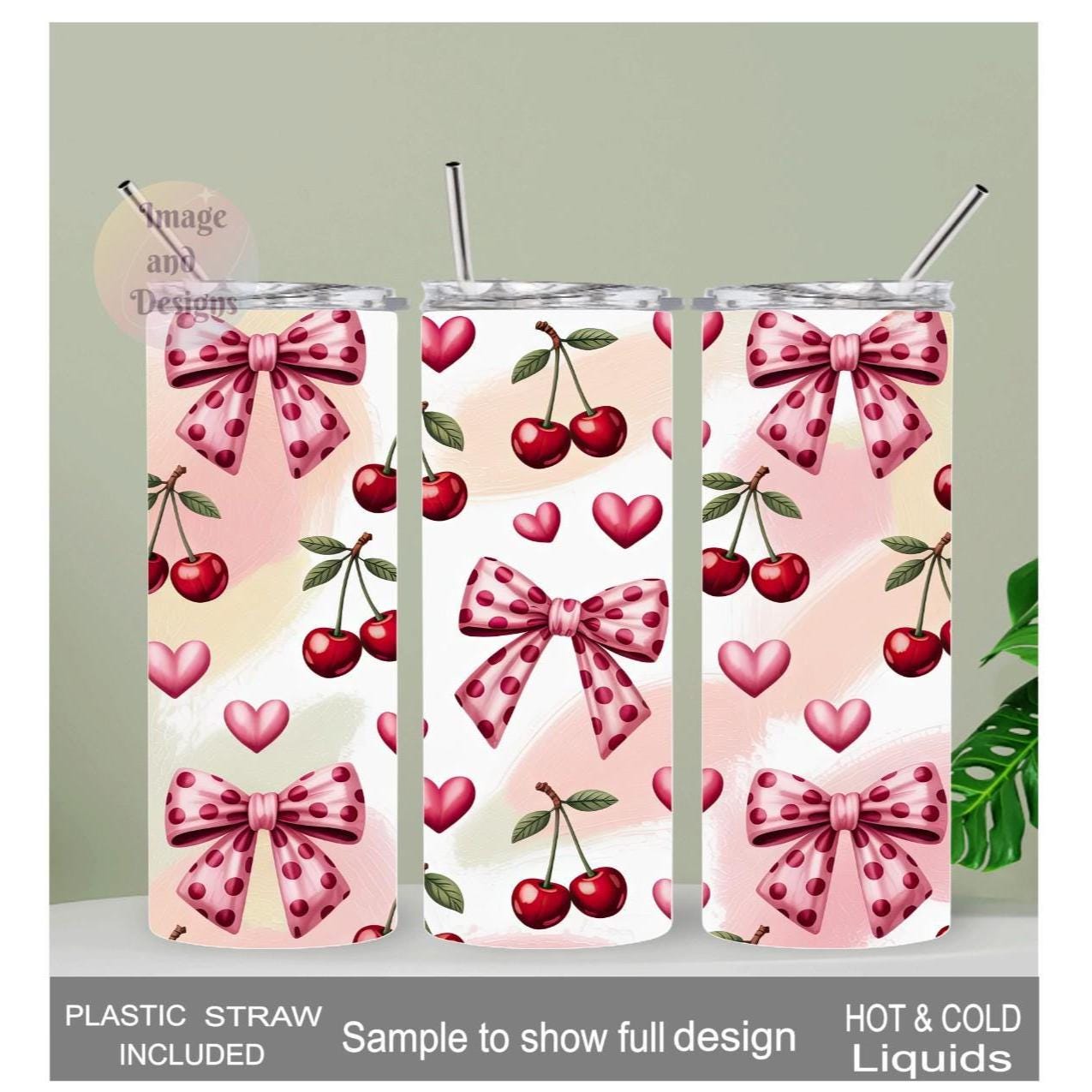 Cherry Bows & Hearts Tumbler 20oz with Reusable Straw