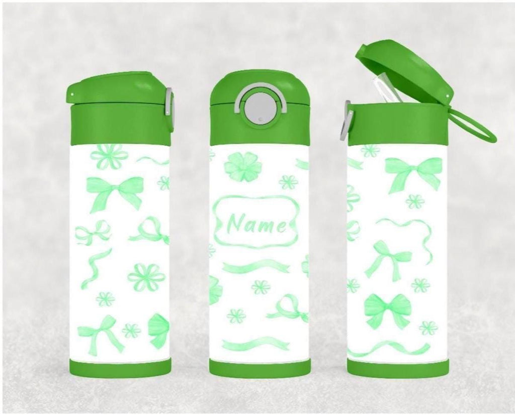 Kids Bow and Flowers Water Bottle 12oz With Reusable Straw Can Be Personalized