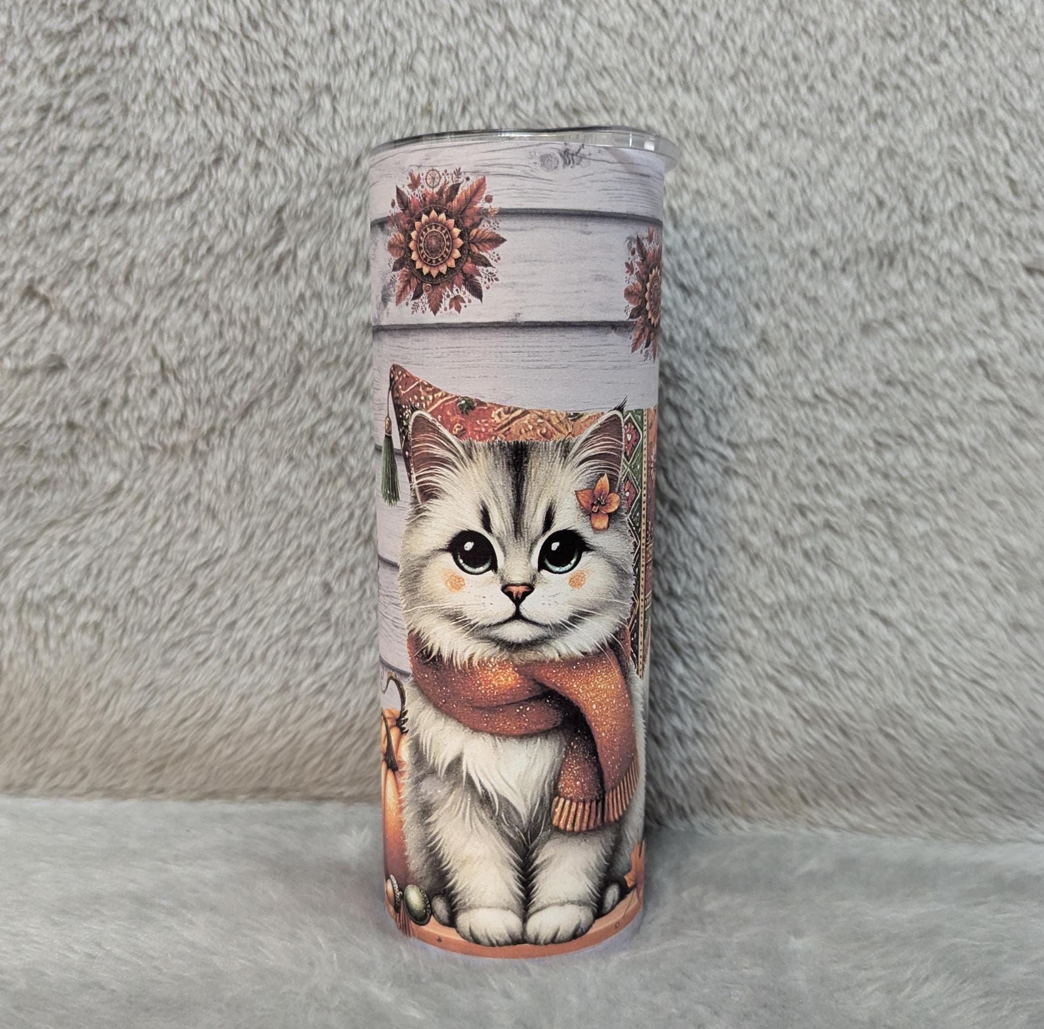 Boho Cat Tumbler 20oz With Reusable Straw, Can Be Personalized