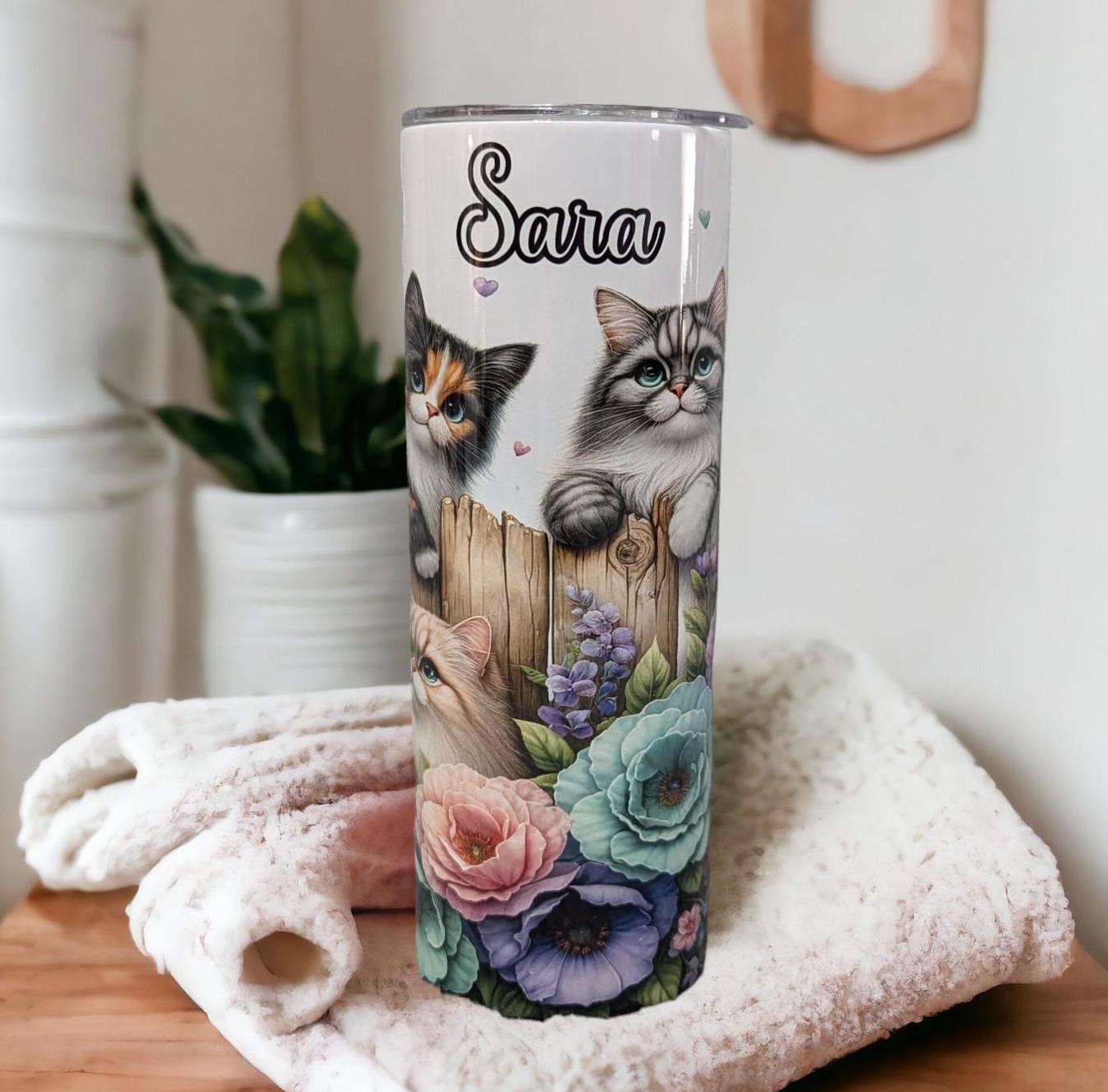 Kitten Tumbler With Cute Kittens Playing by a Fence 20oz With Reusable Straw, Can Be Personalized