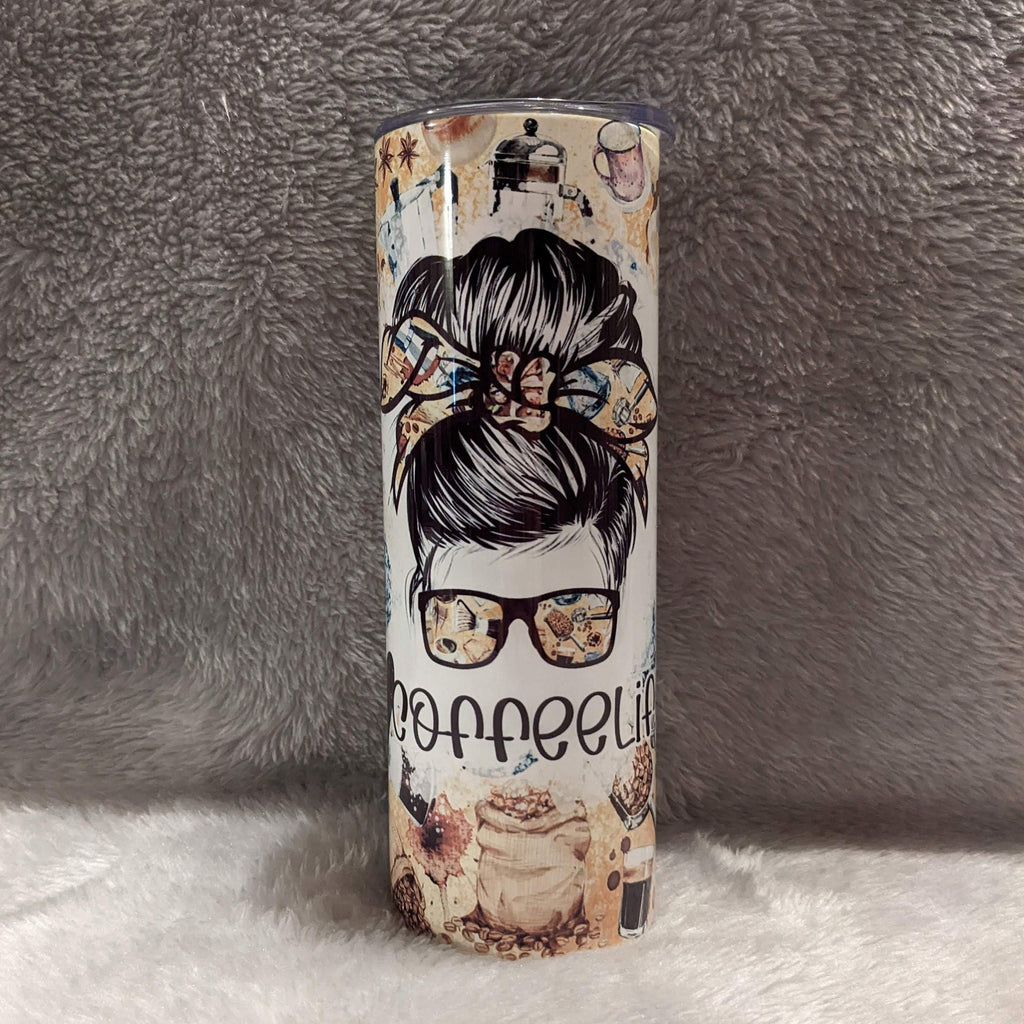 Coffee Life Mom Bun - Messy Bun Girl Tumbler 20oz With Reusable Straw, Can Be Personalized