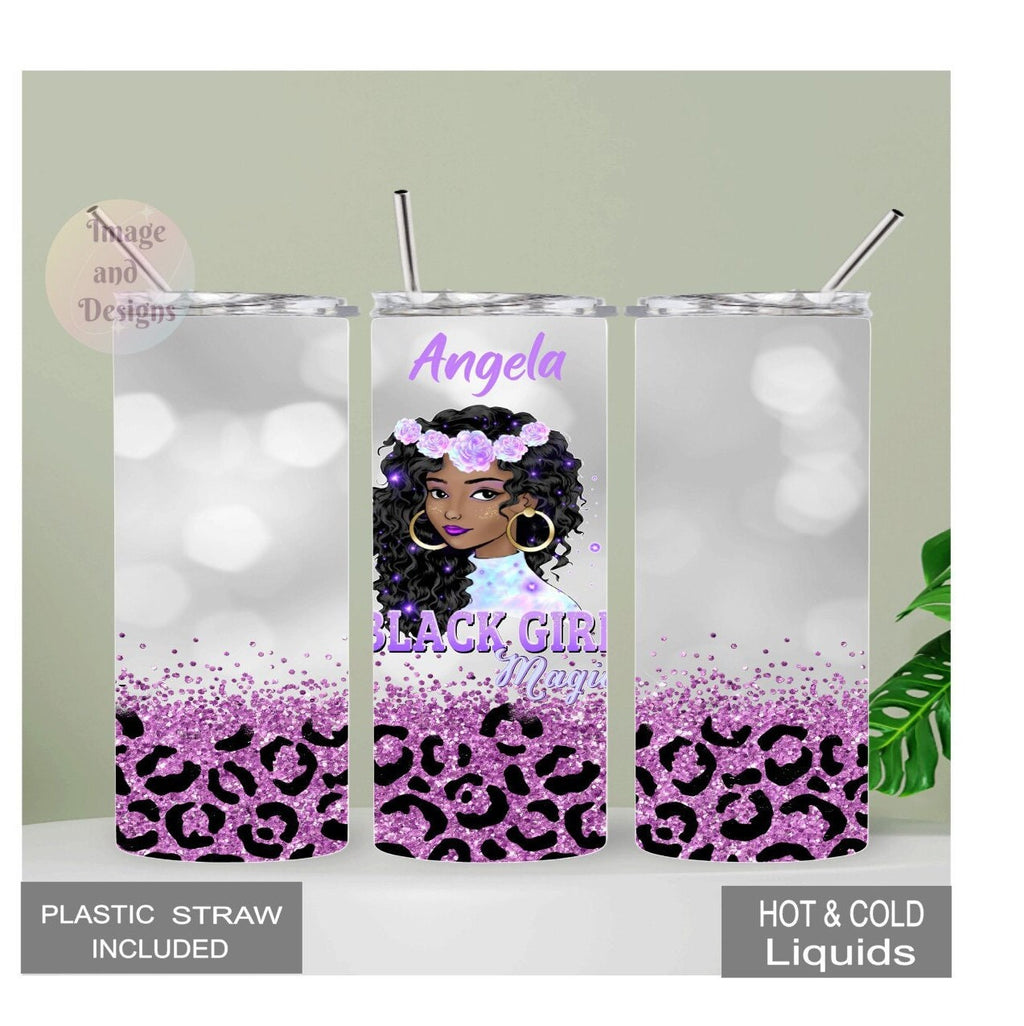 Black Girl Magic Tumbler With A Glitter Design 20oz With Reusable Straw, Can Be Personalized