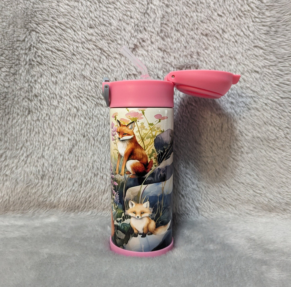 Kids Fox Family Water Bottle 20oz With Reusable Straw Can Be Personalized