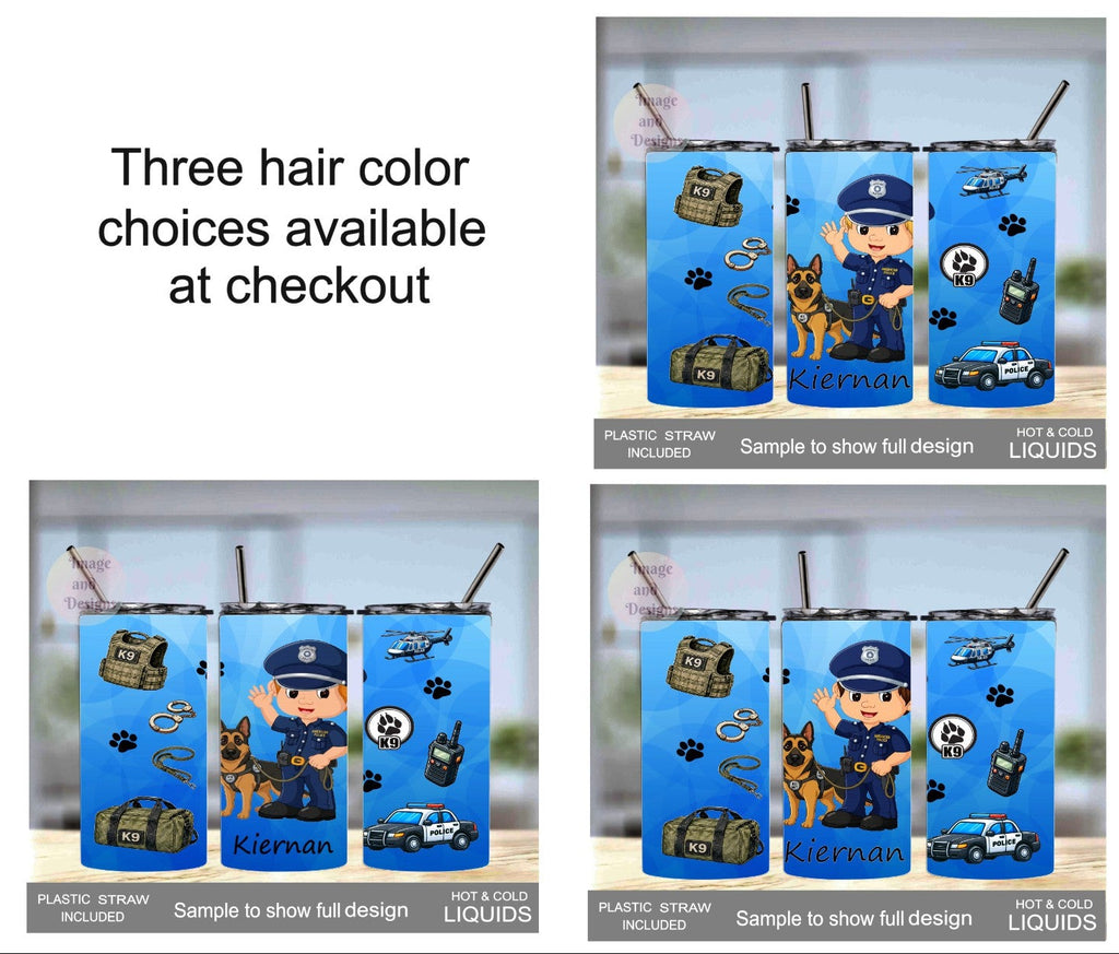 Boy Cop With K9 Dog 15oz Tumbler - 3 Hair Color Options - With Reusablw Straw, Can Be Personalized