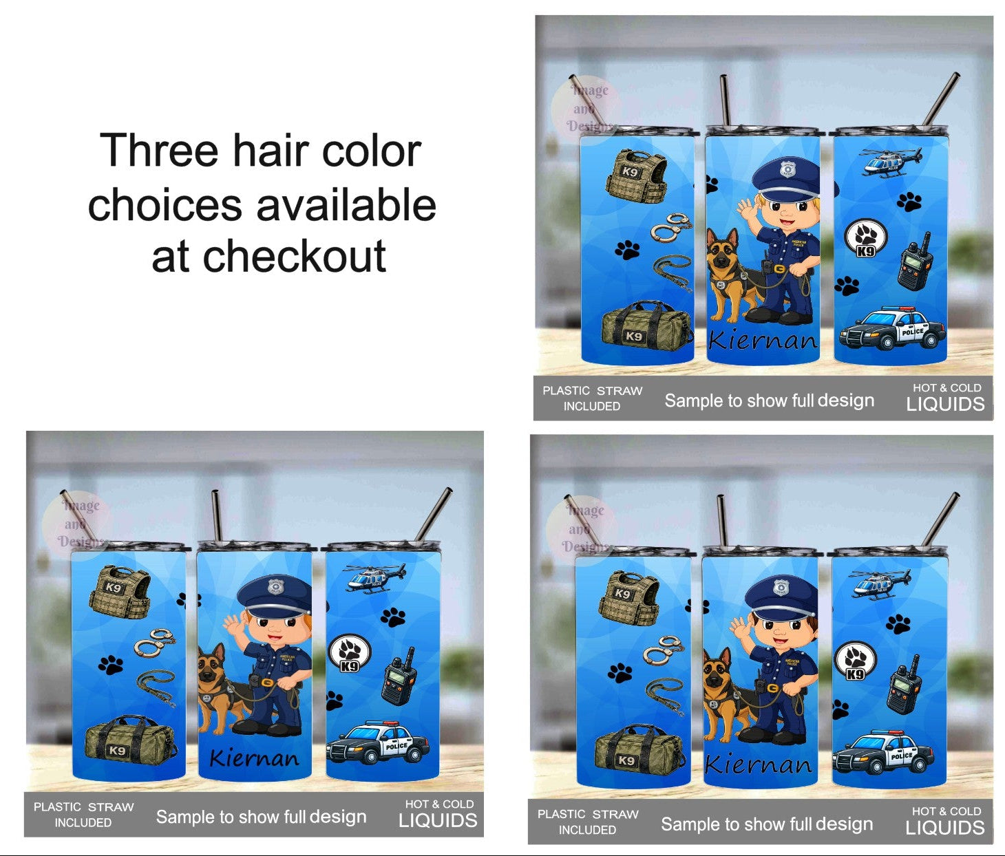 Boy Cop With K9 Dog 15oz Tumbler - 3 Hair Color Options - With Reusablw Straw, Can Be Personalized
