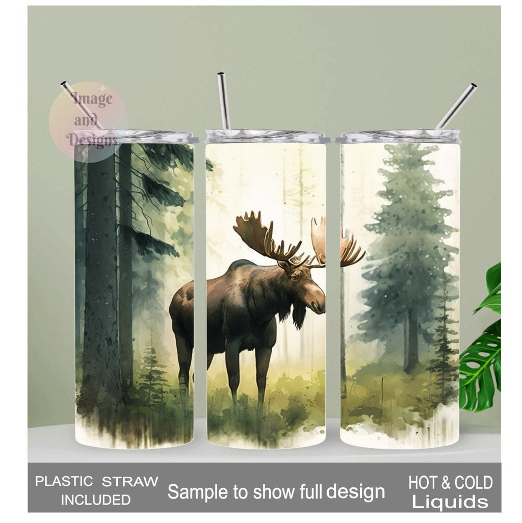 Moose Tumbler With Water Color Design 20oz With Reusable Straw, Can Be Personalized