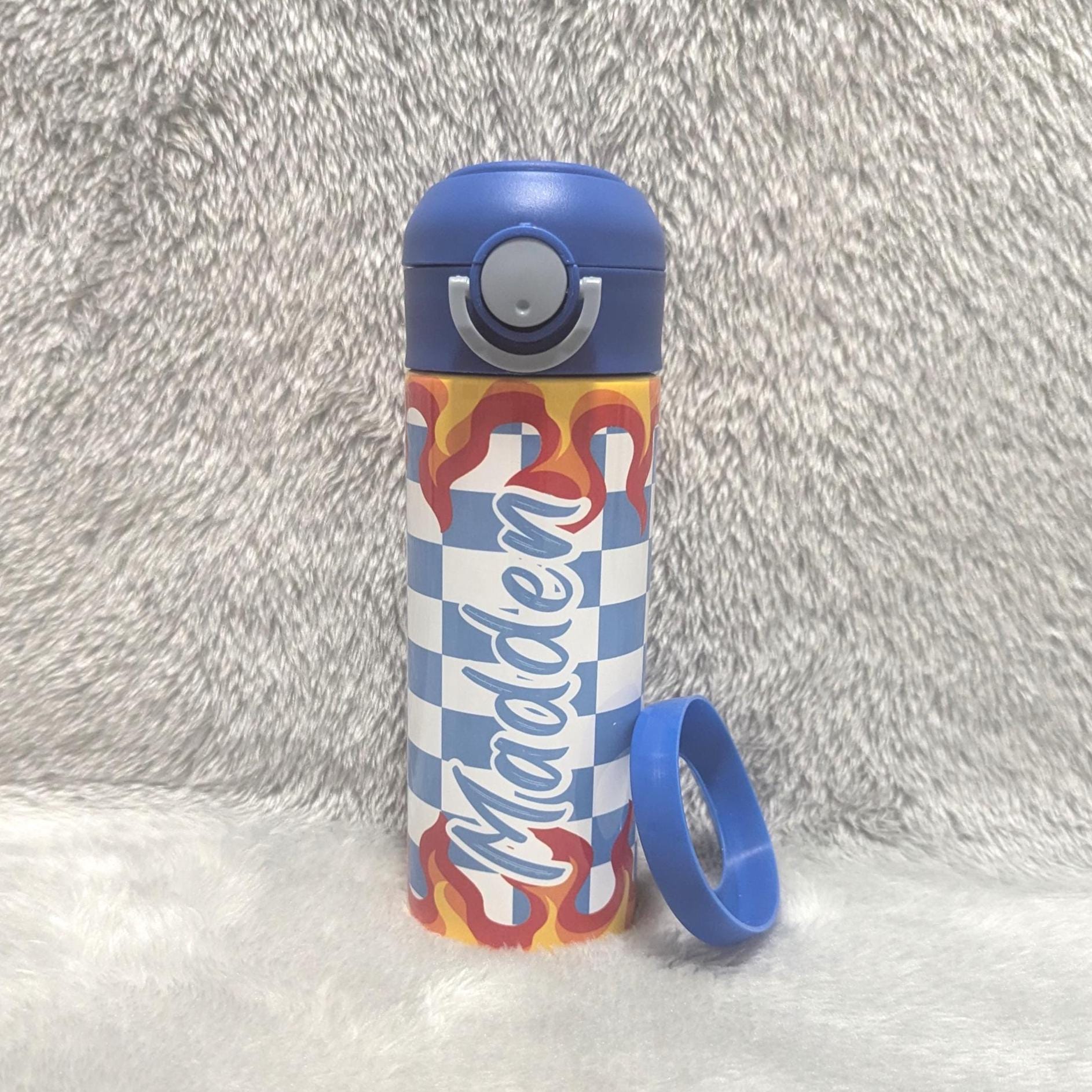 Kids Checkered Flames Water Bottle 12oz With Reusable Straw, Can Be Personalized