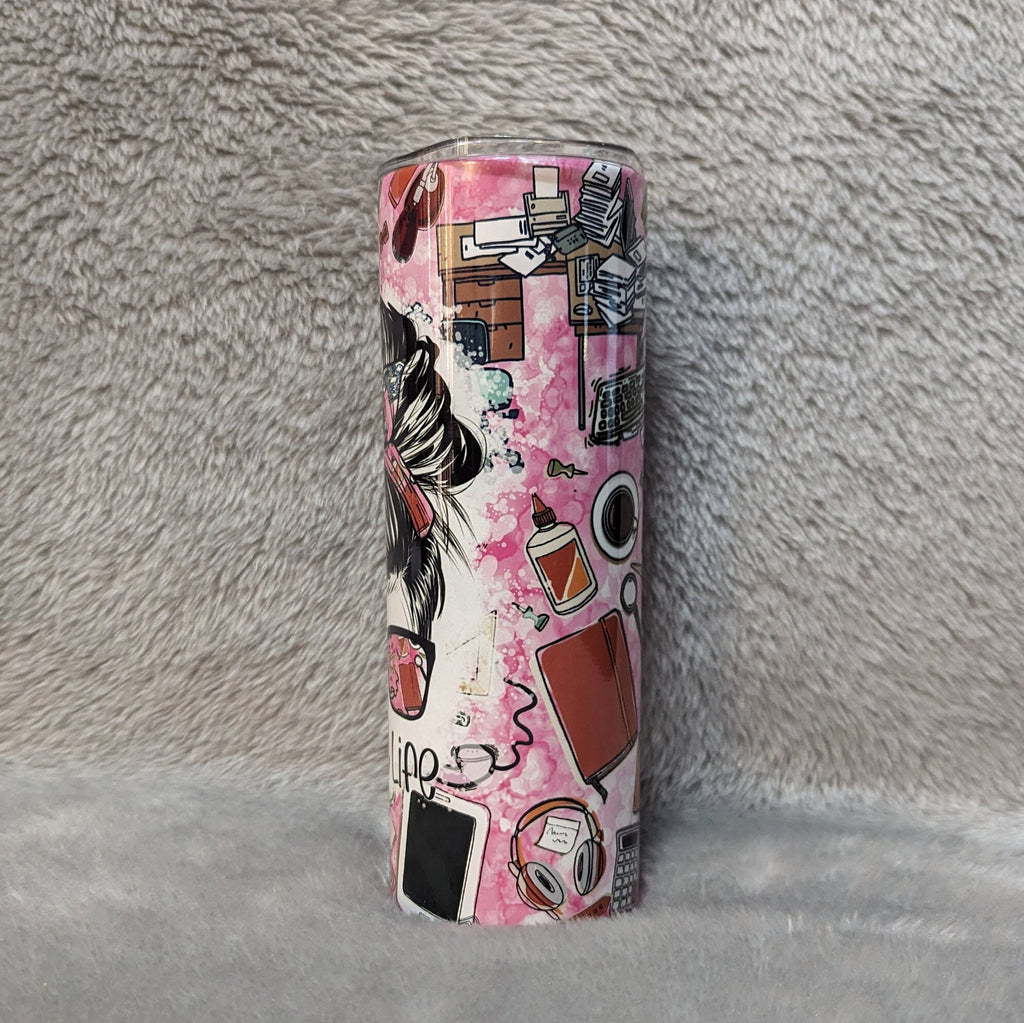 Admin Life Messy Bun Girl Tumbler 20oz With Reusable Straw, Can Be Personalized