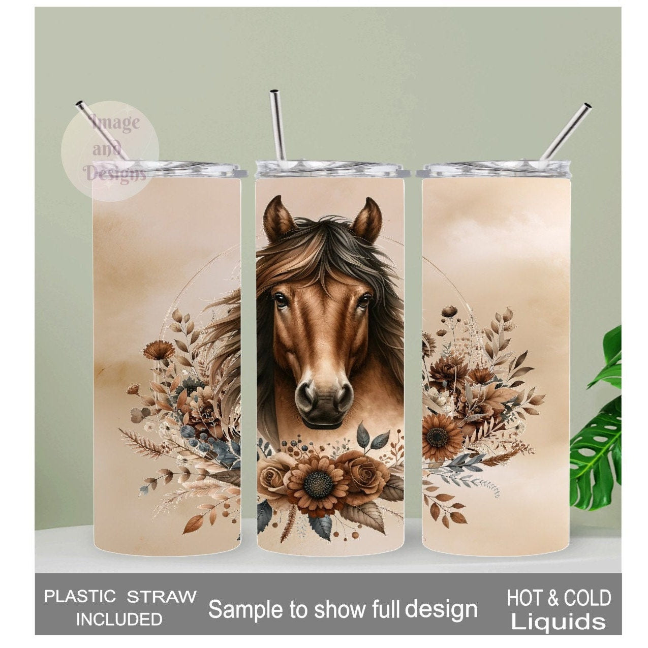 Floral Boho Horse Tumbler 20oz With Reusable Straw, Can Be Personalized