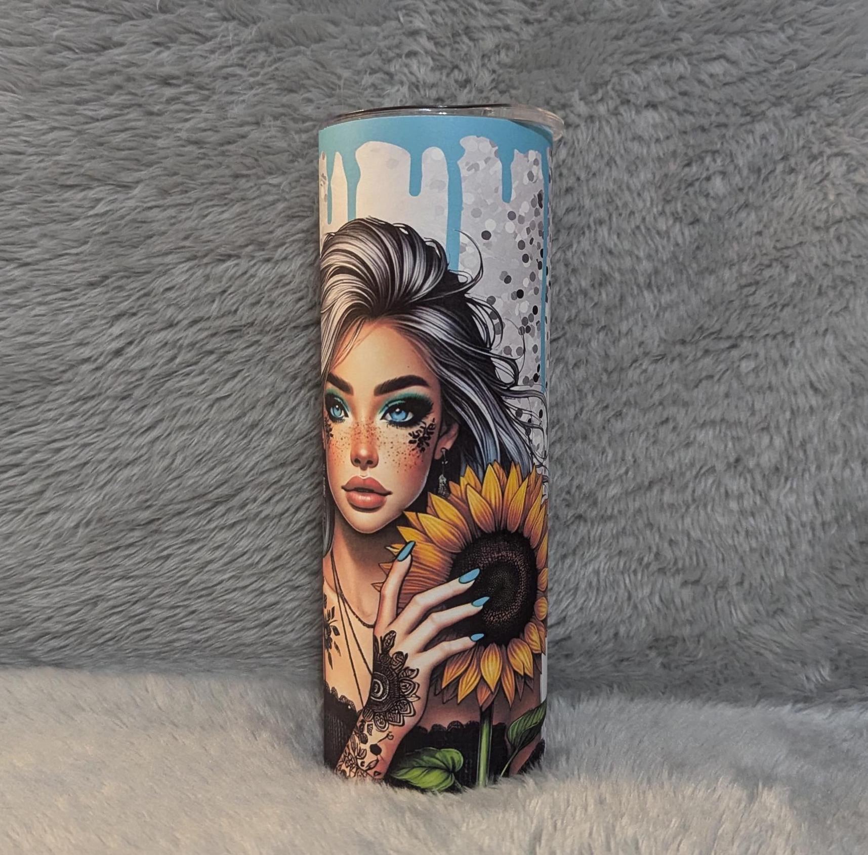 Pretty Sunflower Girl 20oz Tumbler 20oz With Reusable Straw, Can Be Personalized