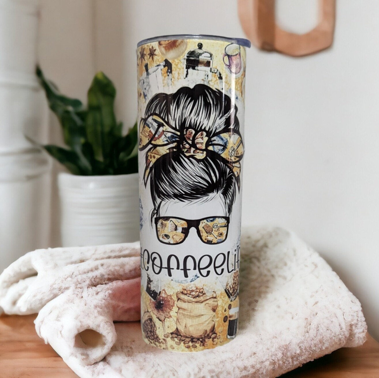 Coffee Life Mom Bun - Messy Bun Girl Tumbler 20oz With Reusable Straw, Can Be Personalized
