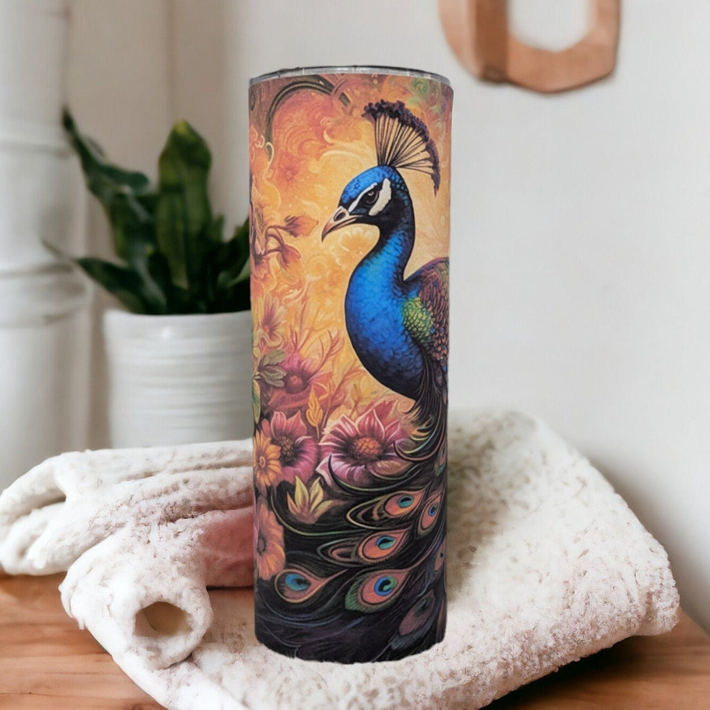Elegant Peacock Tumbler 20oz With Reusable Straw, Can Be Personalized