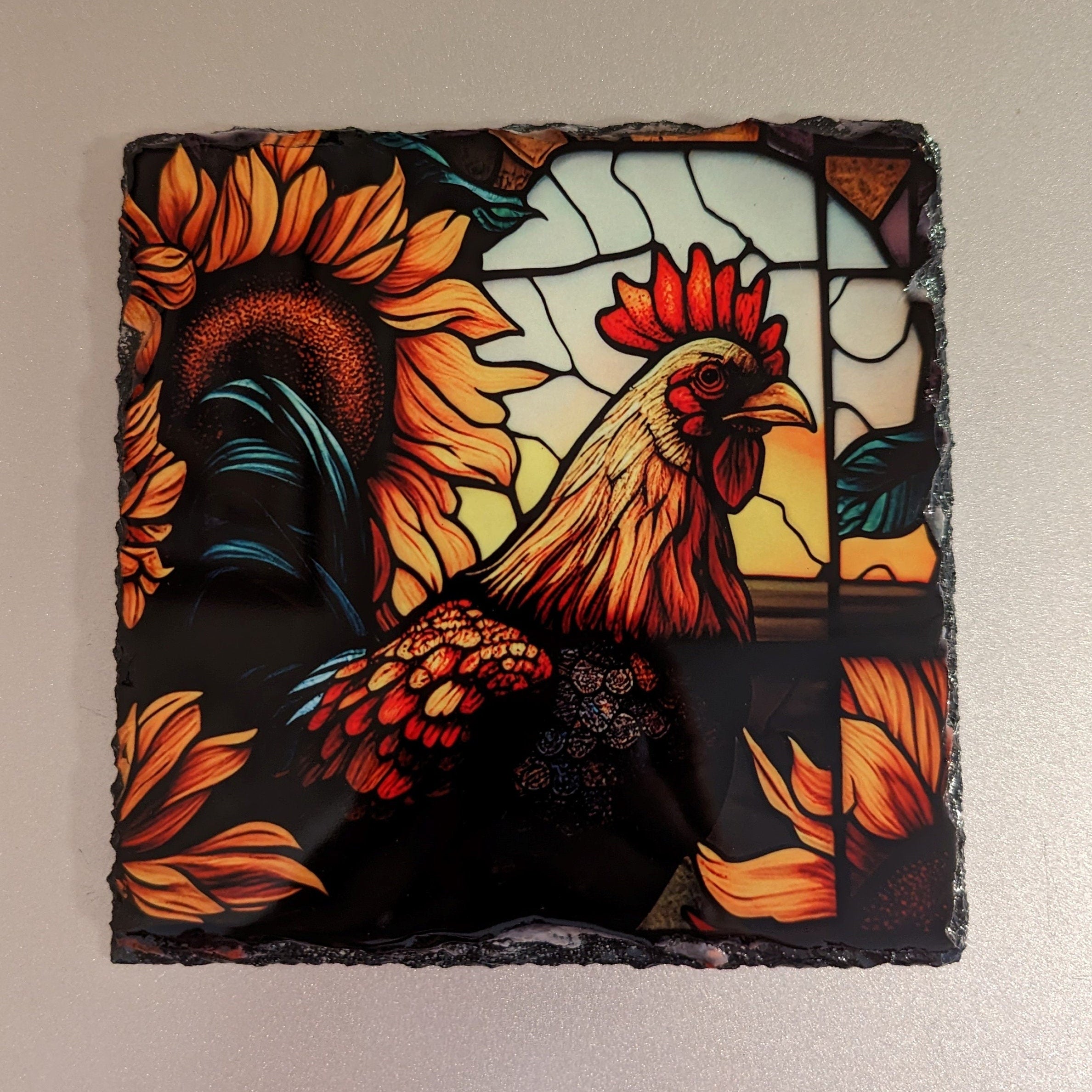 Slate Rooster Picture With Stained Glass Design Includes Display Legs