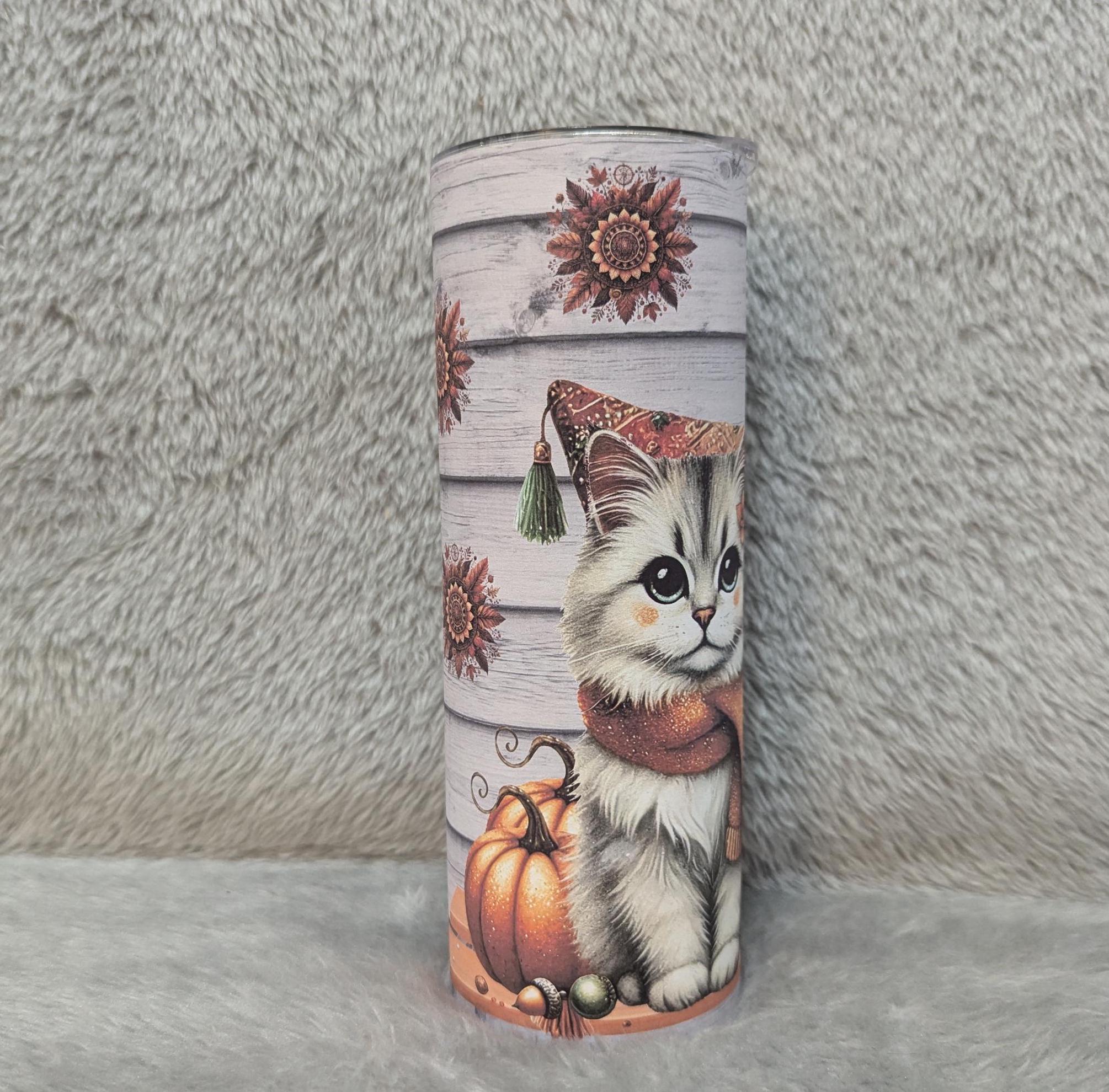 Boho Cat Tumbler 20oz With Reusable Straw, Can Be Personalized