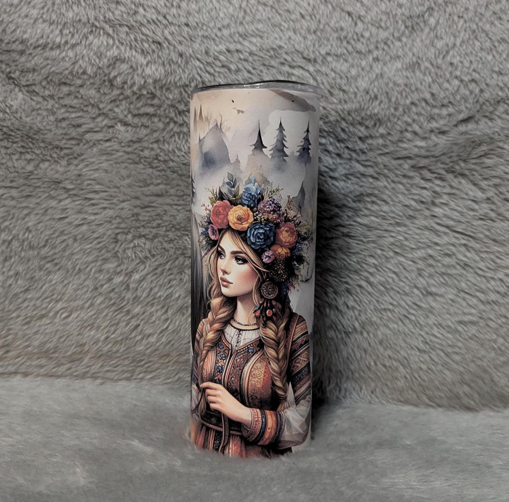 Nordic Girl With Horse Tumbler  20oz With Reusable Straw, Can Be Personalized