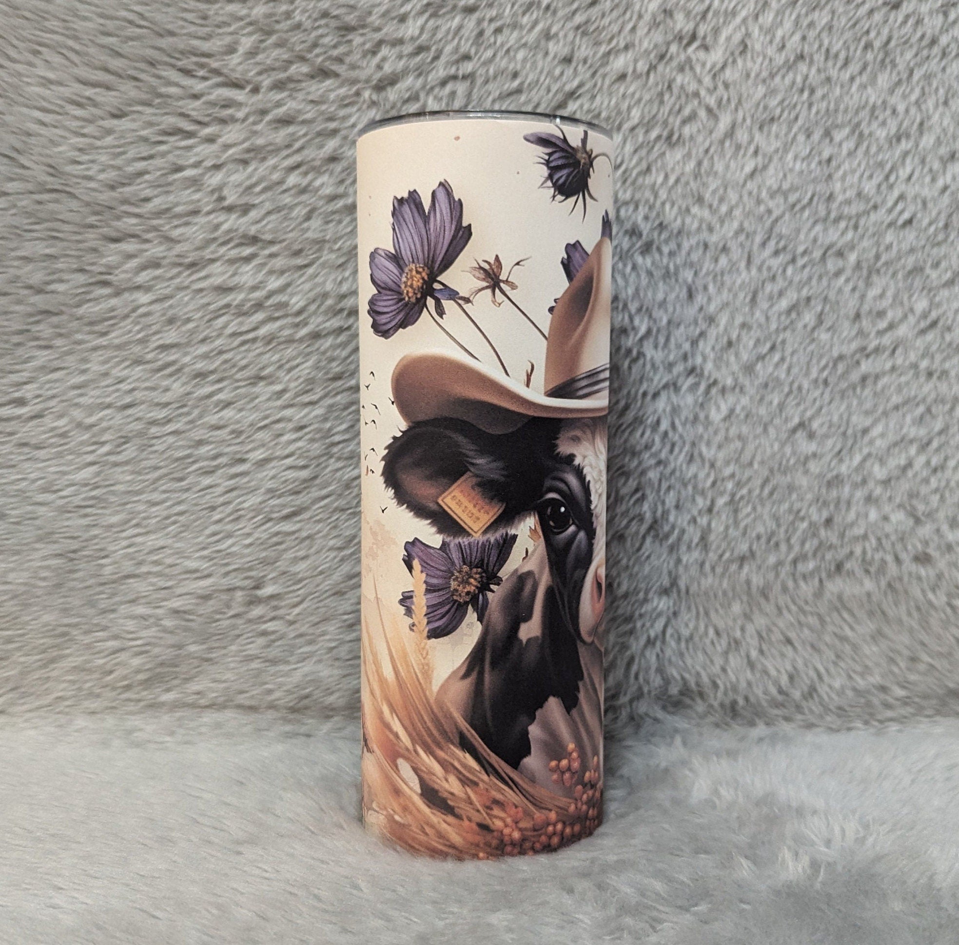 Cow Tumbler with A Cute Cow Wearing A Hat 20oz With Reusable Straw, Can Be Personalized