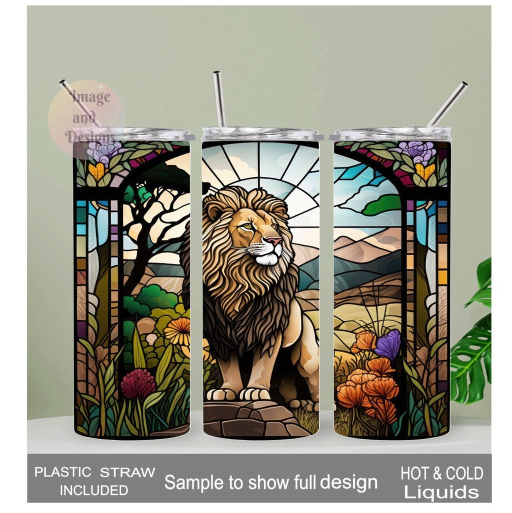 Lion Tumbler With A Stained Glass Design 20oz With Reusable Straw, Can Be Personalized