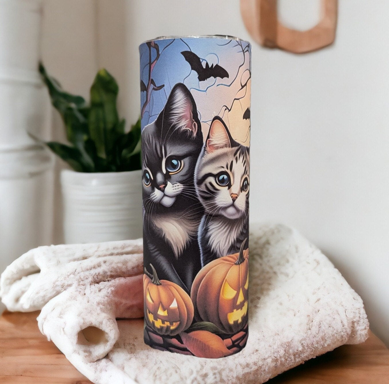 Cute Halloween Cat Tumbler 20oz With Reusable Straw, Can Be Personalized