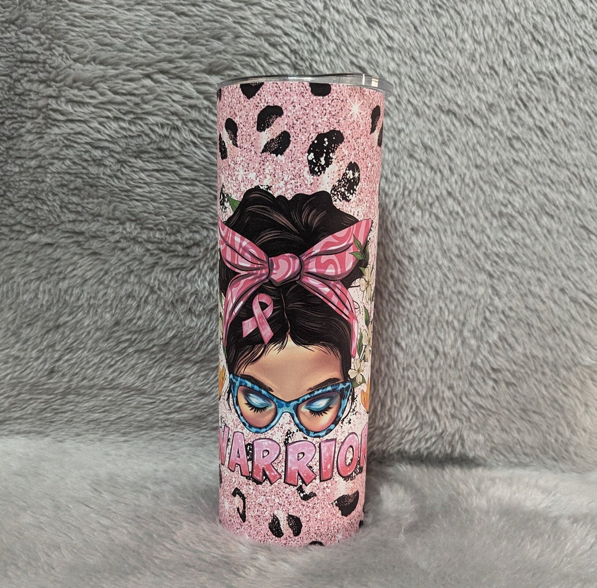 Cancer Awareness Warrior Mom Bun Tumbler 20oz With Reusable Straw, Can Be Personalized