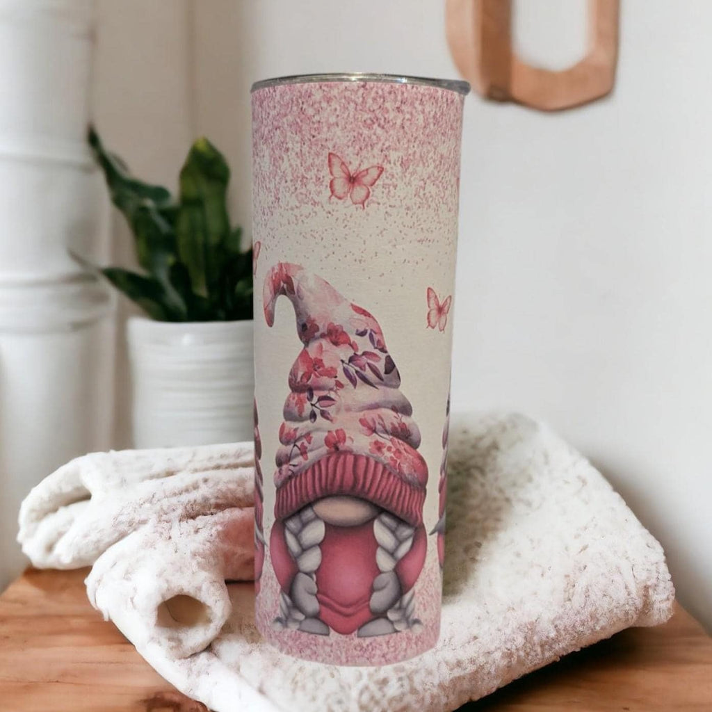 Gnome Tumbler with Butterflies and A Glitter Design 20oz With Reusable Straw, Can Be Personalized