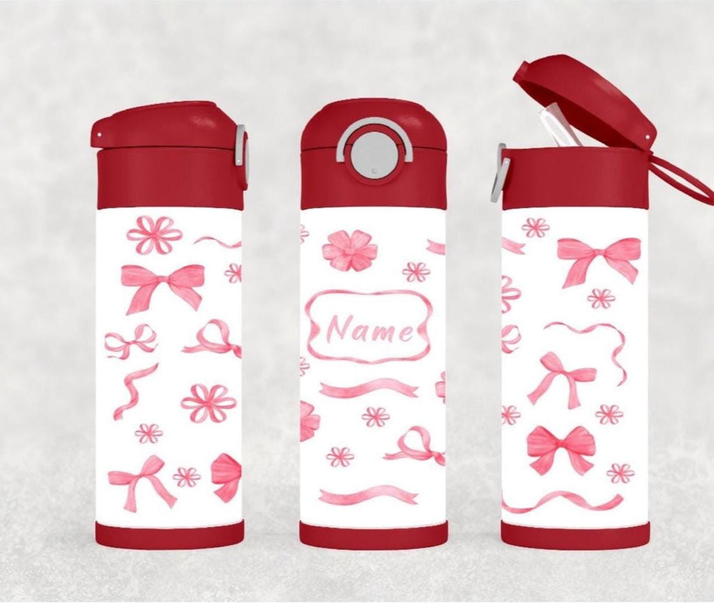 Kids Bow and Flowers Water Bottle 12oz With Reusable Straw Can Be Personalized