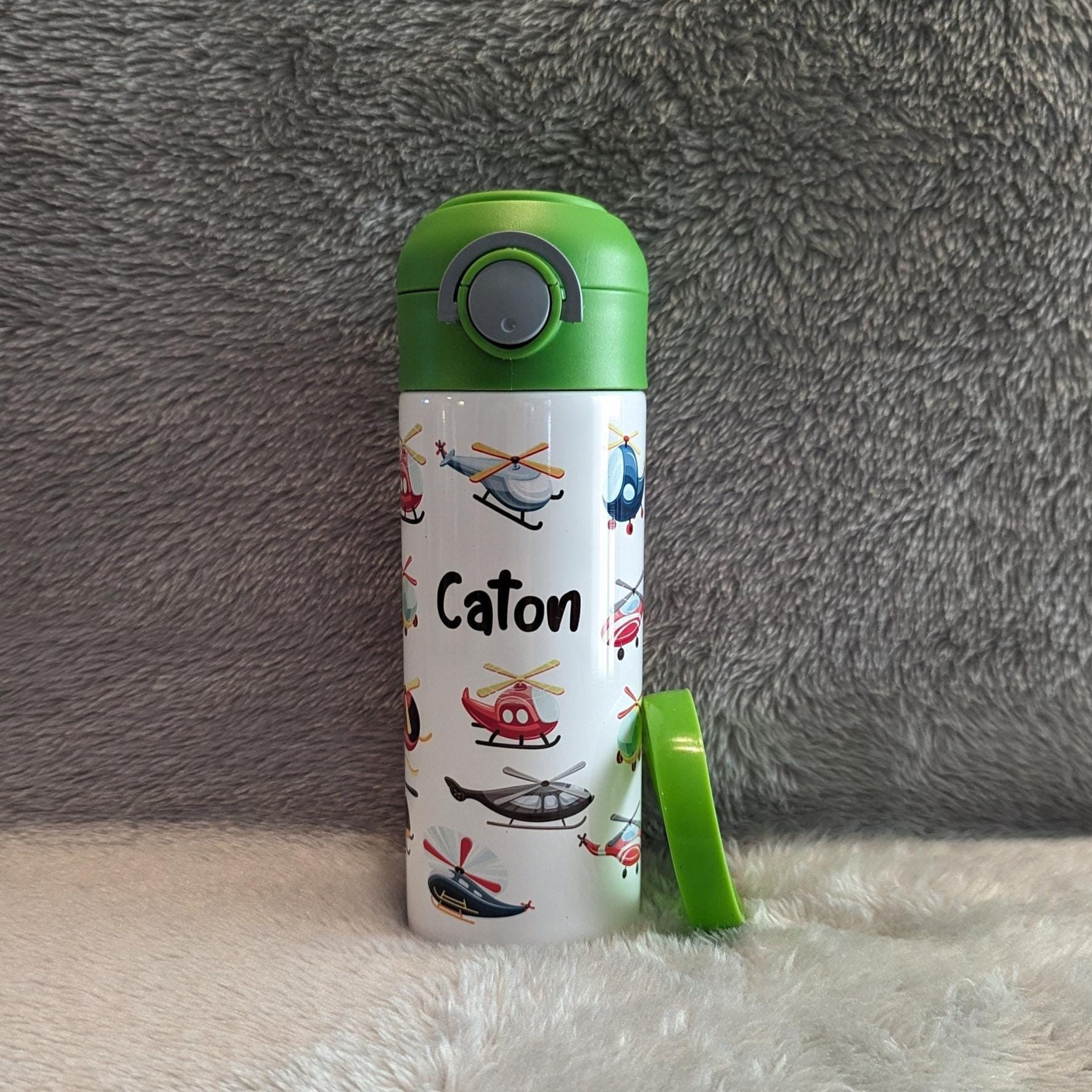 Kids Helicopter Water Bottle 12oz With Reusable Straw, Can Be Personalized