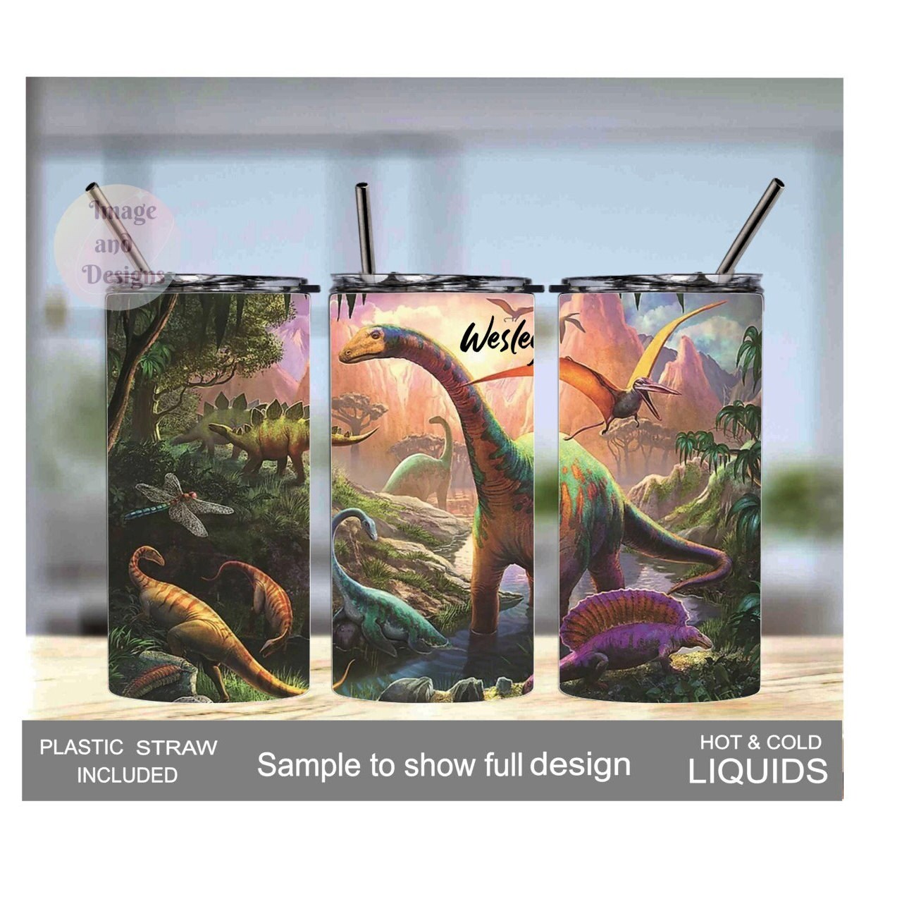 Dinosaur Tumbler 15oz With Reusable Straw, Can Be Personalized