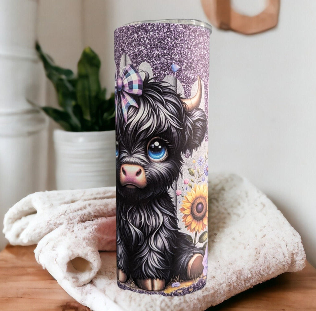Black Highland Cow Tumbler 20oz With Reusable Straw, Can Be Personalized
