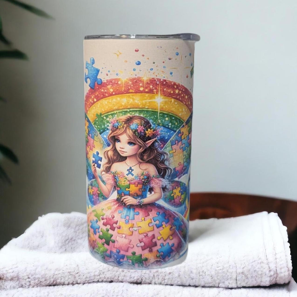 Autism Awareness Tumbler With A Pretty Fairy 15oz With Reusable Straw, Can Be Personalized