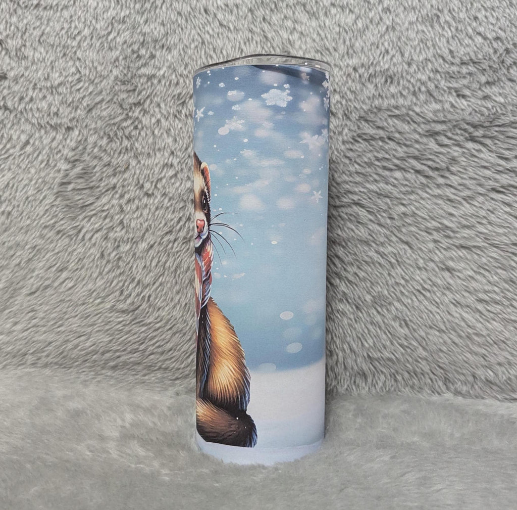 Cute Winter Ferret Tumbler 20oz With Reusable Straw, Can Be Personalized