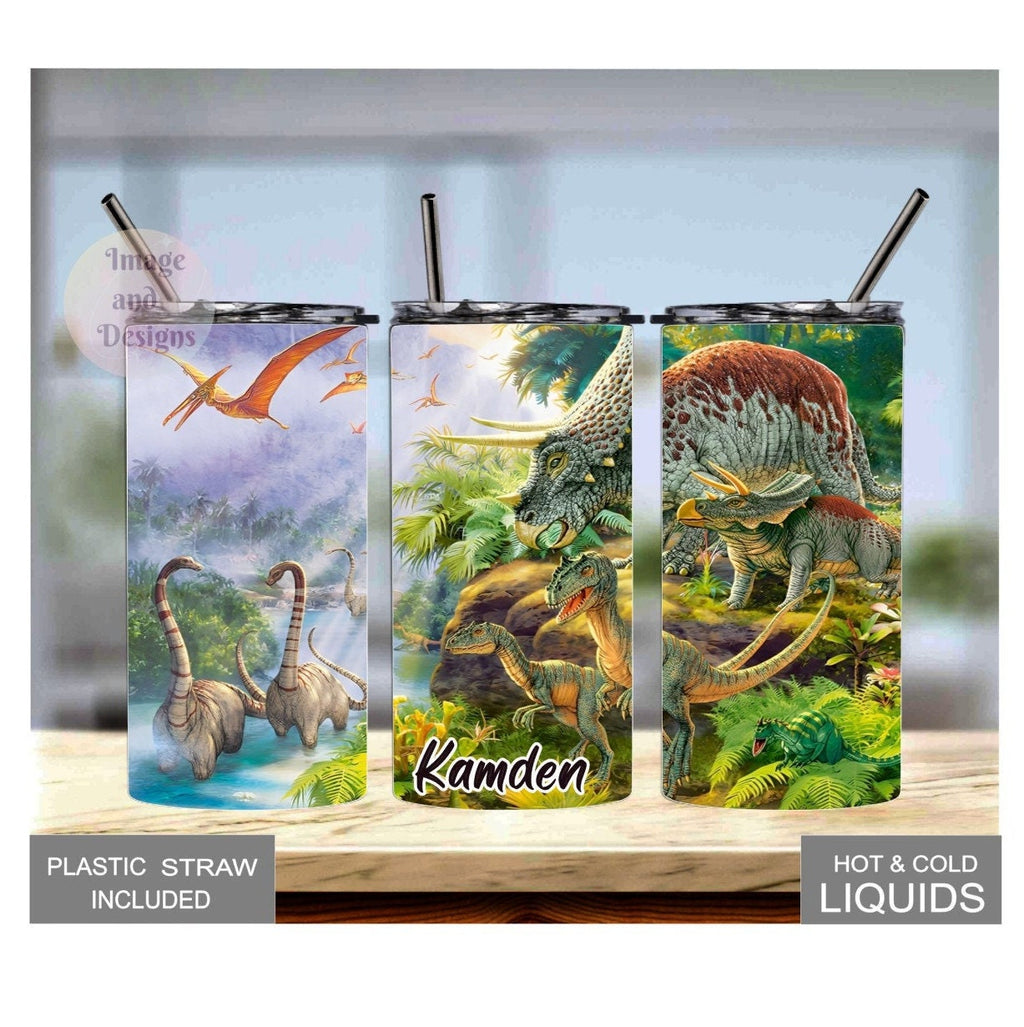 Kids Dinosaur Tumbler 15oz With Reusable Straw, Can Be Personalized