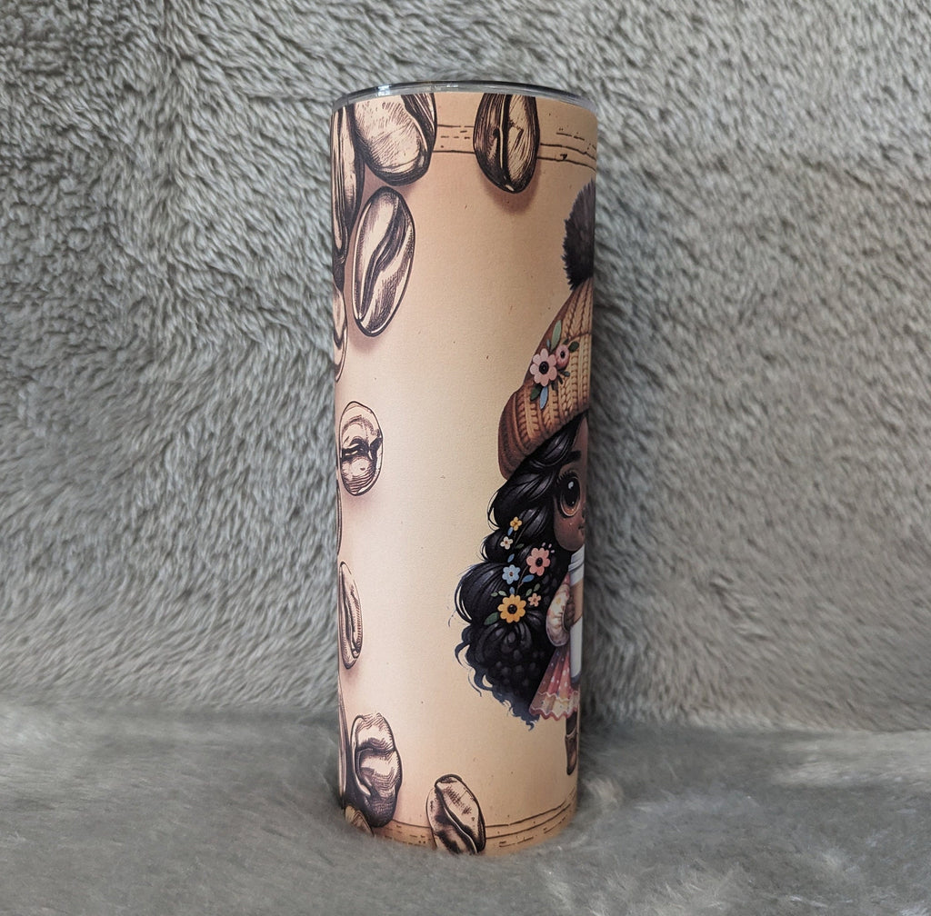 Coffee Girl Tumbler With A Cute Girl Holding Her Coffee 20oz With Reusable Straw, Can Be Personalized